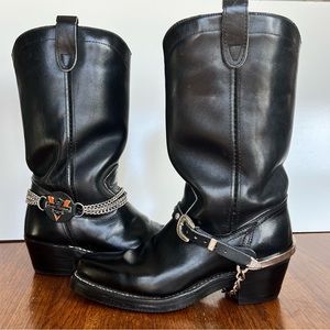 Men’s Sierra Western Motorcycle Leather Boots and 2 Ankle Harnesses, Sz 7.5